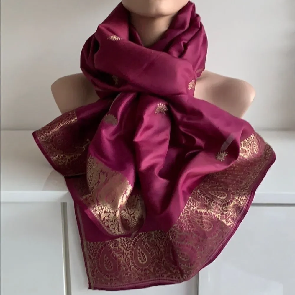 India gold embroidered purple silk shawl scarf